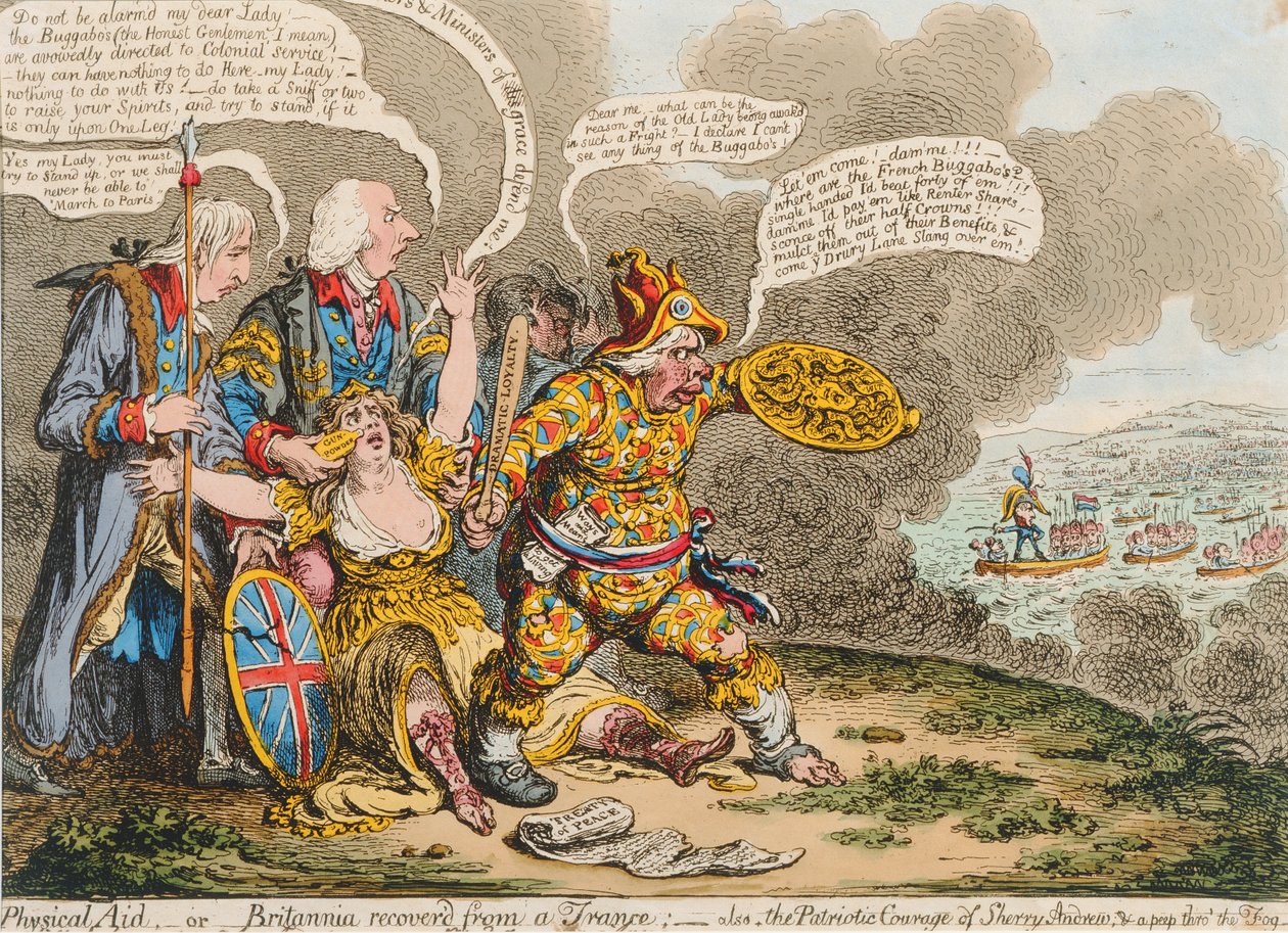 Fysisk hjelp, eller Britannia gjenopprettet fra en transe: også, The Patriotic Courage of Sherry Andrews und a Peep into the Fog, utgitt av Hannah Humphrey i 1803 (håndfarget etsning) av James Gillray