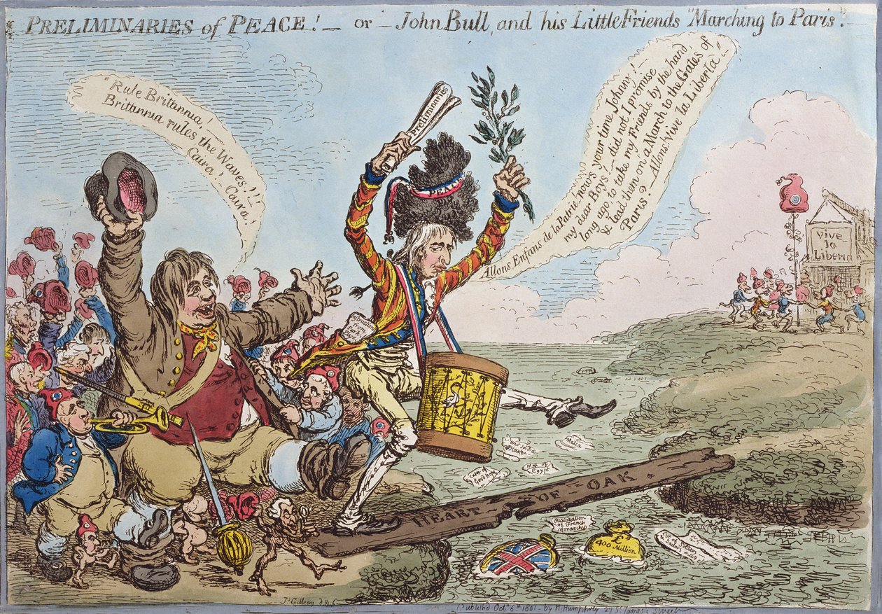 Preliminaries of Peace, eller John Bull and his Little Friends Marching to Paris, utgitt av Hannah Humphrey i 1801 (håndfarget etsning) av James Gillray