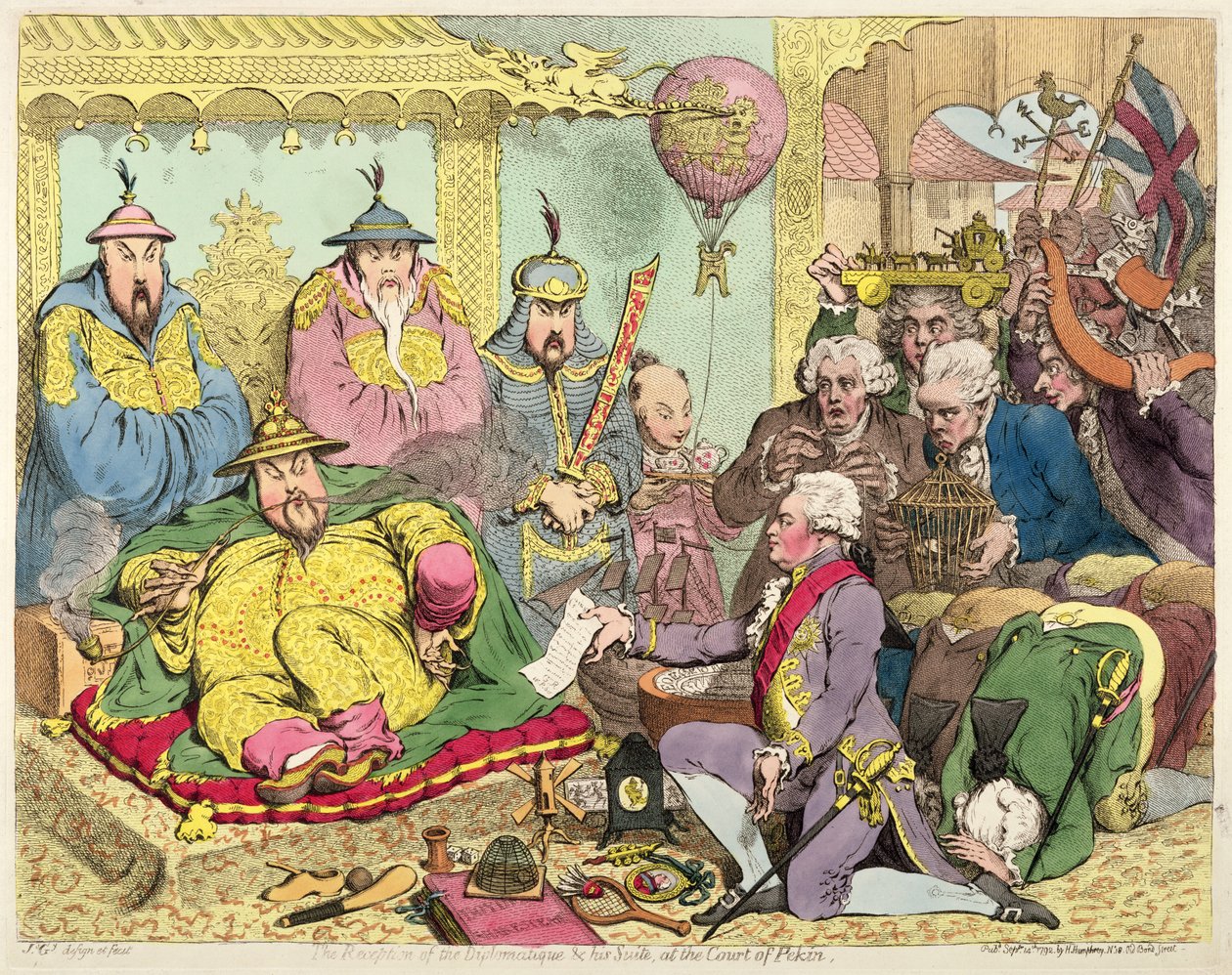 Mottakelse av Diplomatique og suiten hans ved domstolen i Pekin, ca. 1793 (fargetsning) av James Gillray
