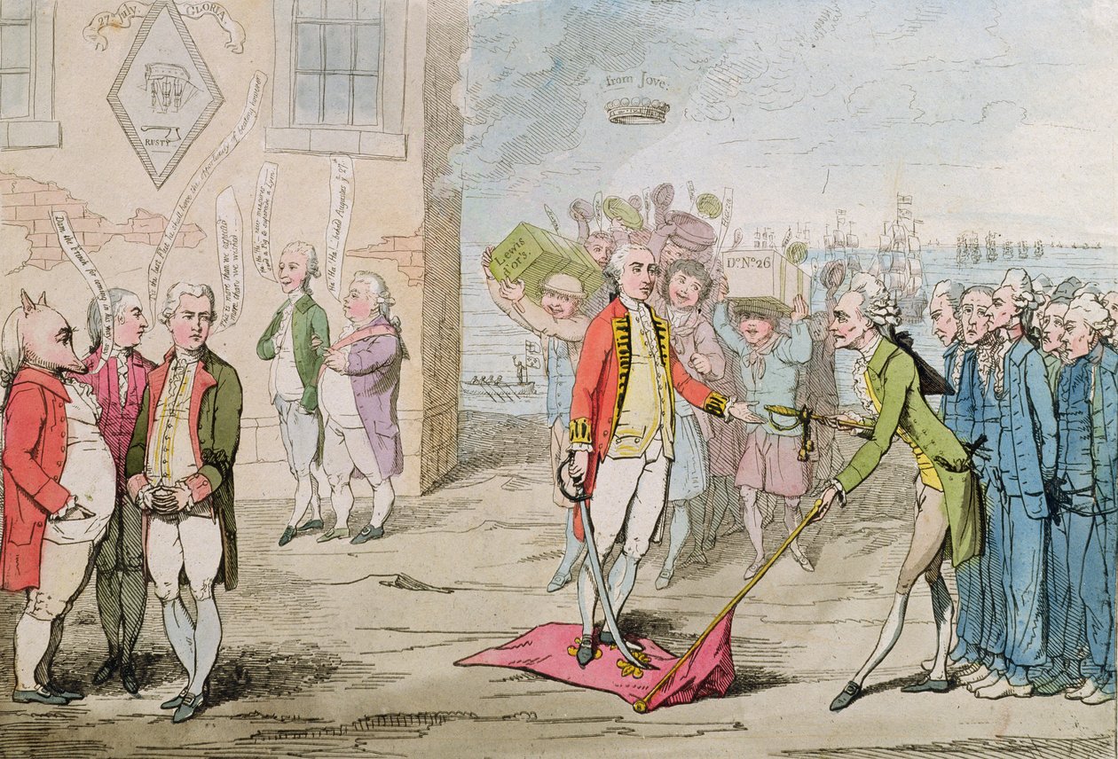 Rodney Triumphant, eller Admiral Lee-Shore in the Dumps, 1782 (håndfarget etsning) av James Gillray