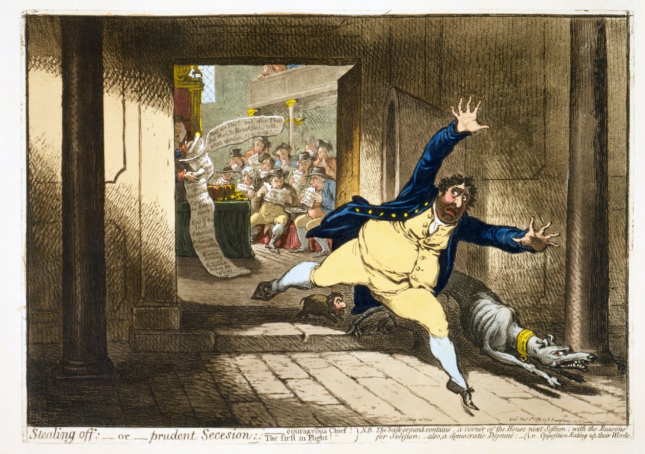stjele av; - eller - prudent Secession, pub. 1798 (håndfarget gravering) av James Gillray