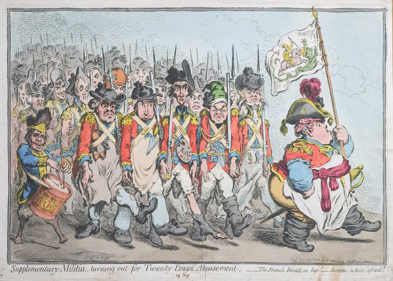 Supplementary Militia Turning out for Twenty Days Amusement, eller Franskmennene invaderer oss, hay damme, som er redd utgitt av Hannah Humphrey i 1796 (håndfarget etsning) av James Gillray