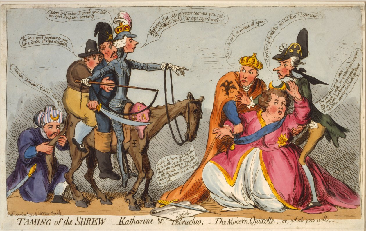 Taming of the Shrew, Katharine og Petruchio, The Modern Quixotte eller hva du vil, 1791 (håndfarget etsning) av James Gillray