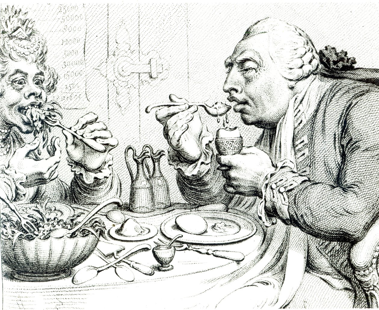 Temperance nyter et nøysomt måltid, karikatur av George III og dronning Charlotte (bw print) av James Gillray