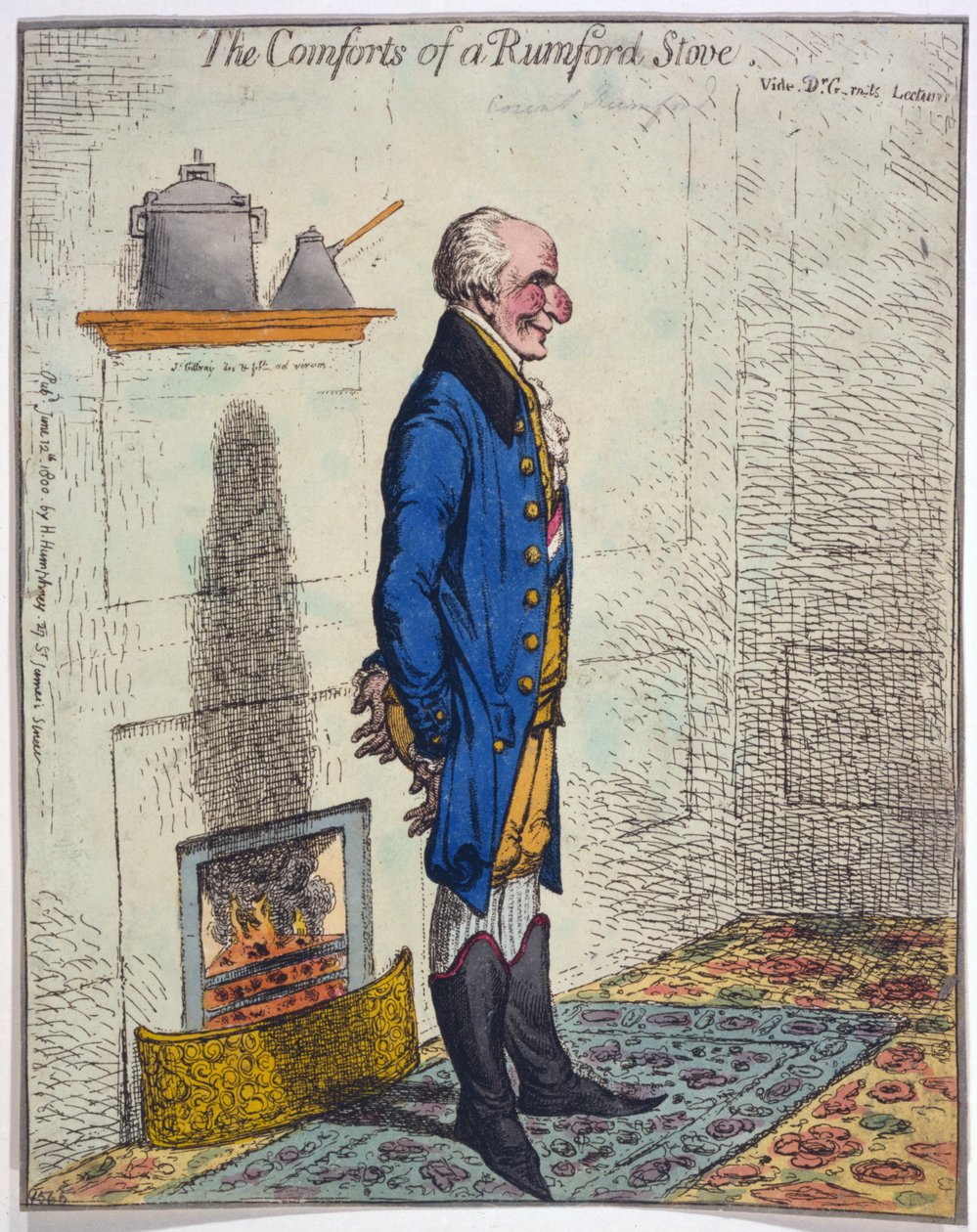 The Comforts of a Rumford Stove, pub. 1800 (håndfarget gravering) av James Gillray
