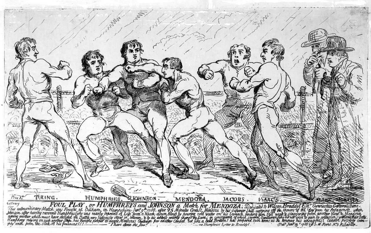 Det berømte slaget mellom Richard Humphreys og Daniel Mendoza, 9. januar 1788 av James Gillray
