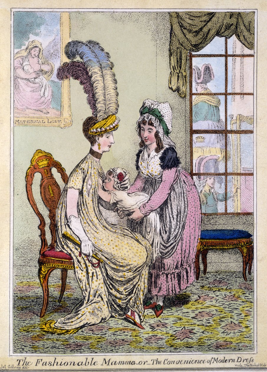 The Fashionable Mamma, eller The Convenience of Modern Dress, pub. London i 1796 (håndfarget gravering) av James Gillray