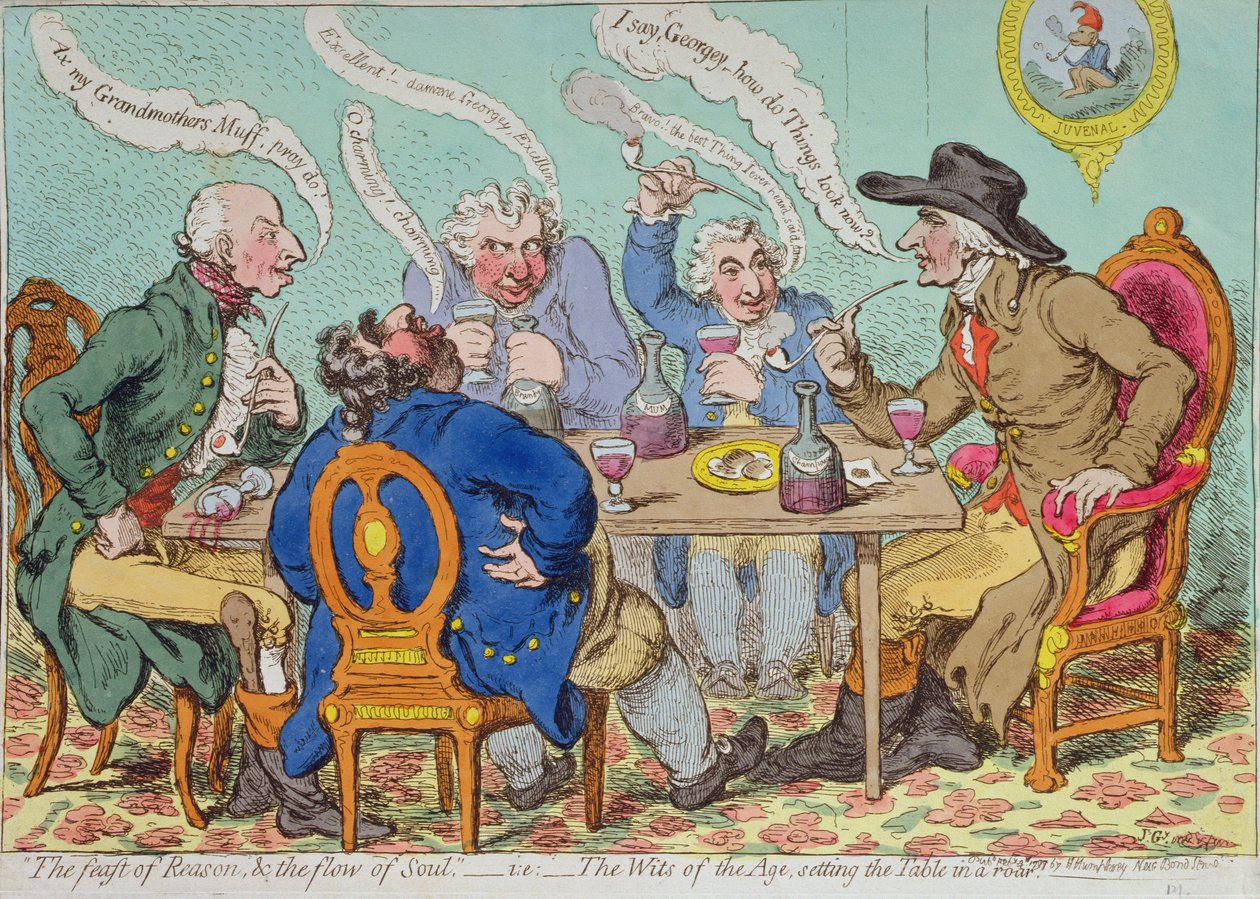The Feast of Reason, und the Flow of the Soul - dvs. The Wits of the Age, dekker bordet i et brøl, utgitt av Hannah Humphrey i 1797 (håndfarget etsning) av James Gillray