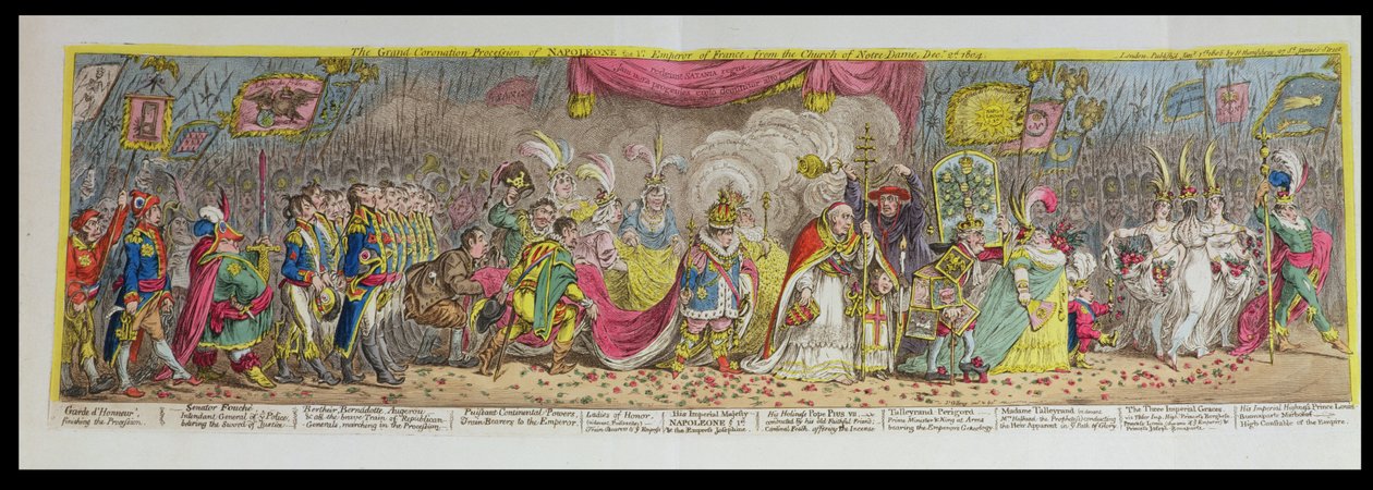Den store kroningsprosesjonen til Napoleon, den første keiseren av Frankrike, fra Notre-Dame-kirken, 2. desember 1804, publisert 1805 (etsing, gravering og akvatint) av James Gillray