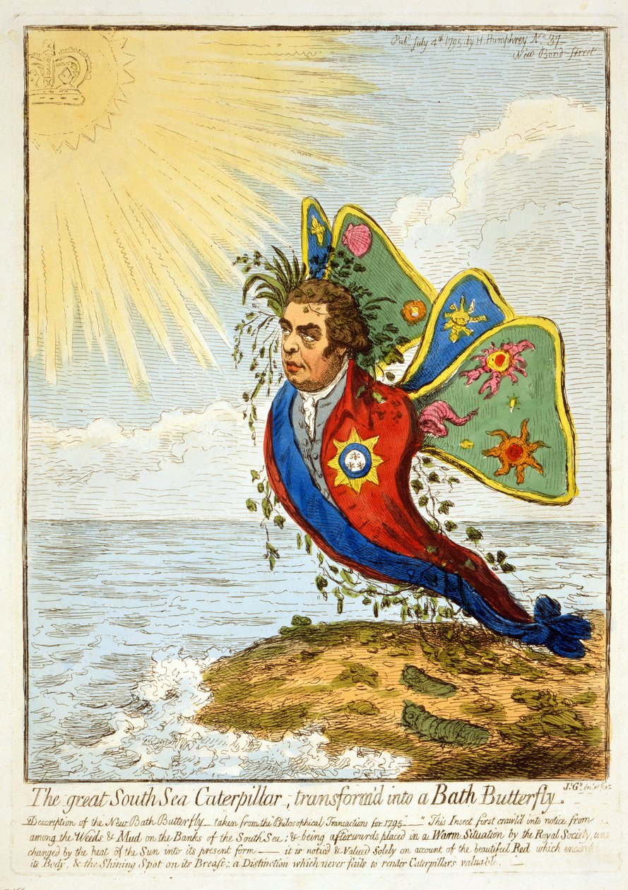 The Great South Sea Caterpillar, forvandlet til en badesommerfugl, 1795 (håndfarget gravering) av James Gillray