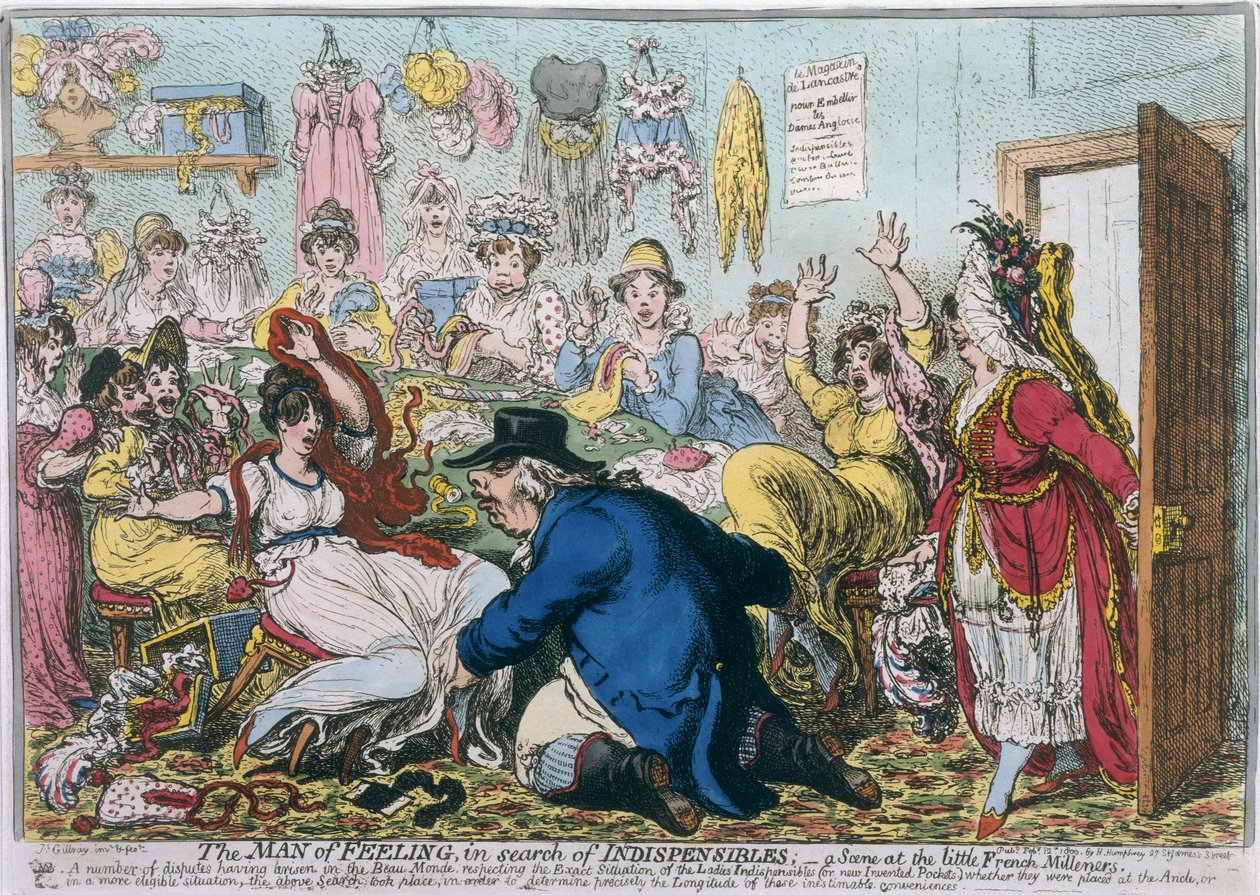 The Man of Feeling in Search of Indispensibles, or A Scene at the French Milliners, utgitt av Hannah Humphrey i 1800 (håndfarget etsning) av James Gillray