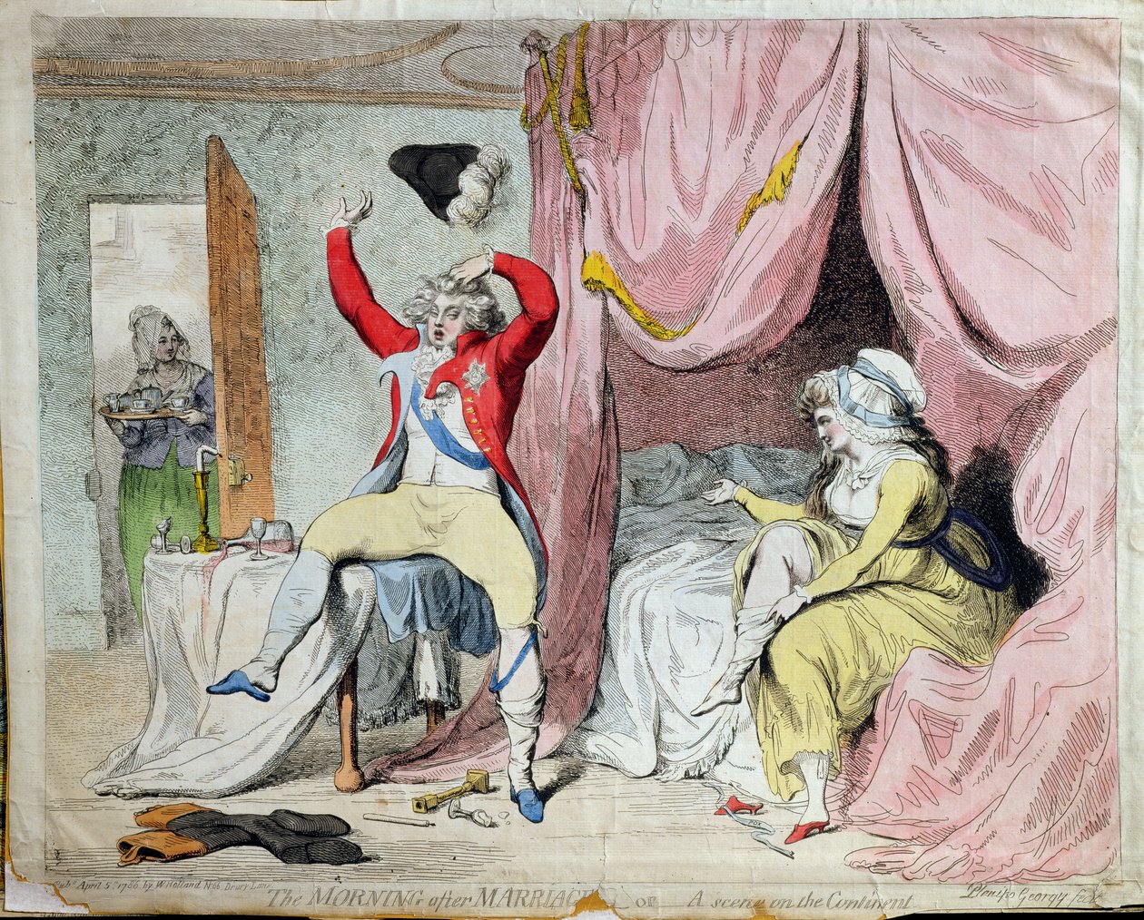 The Morning after Marriage, or A scene on the Continent, utgitt av W, Holland i 1788 (håndfarget etsning) av James Gillray