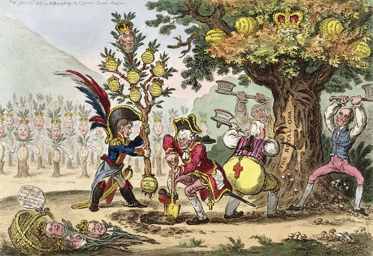 The New Dynasty, eller The Little Corsican Gardiner planting a Royal Pippin Tree, utgitt av Hannah Humphrey i 1807 (håndfarget etsning) av James Gillray