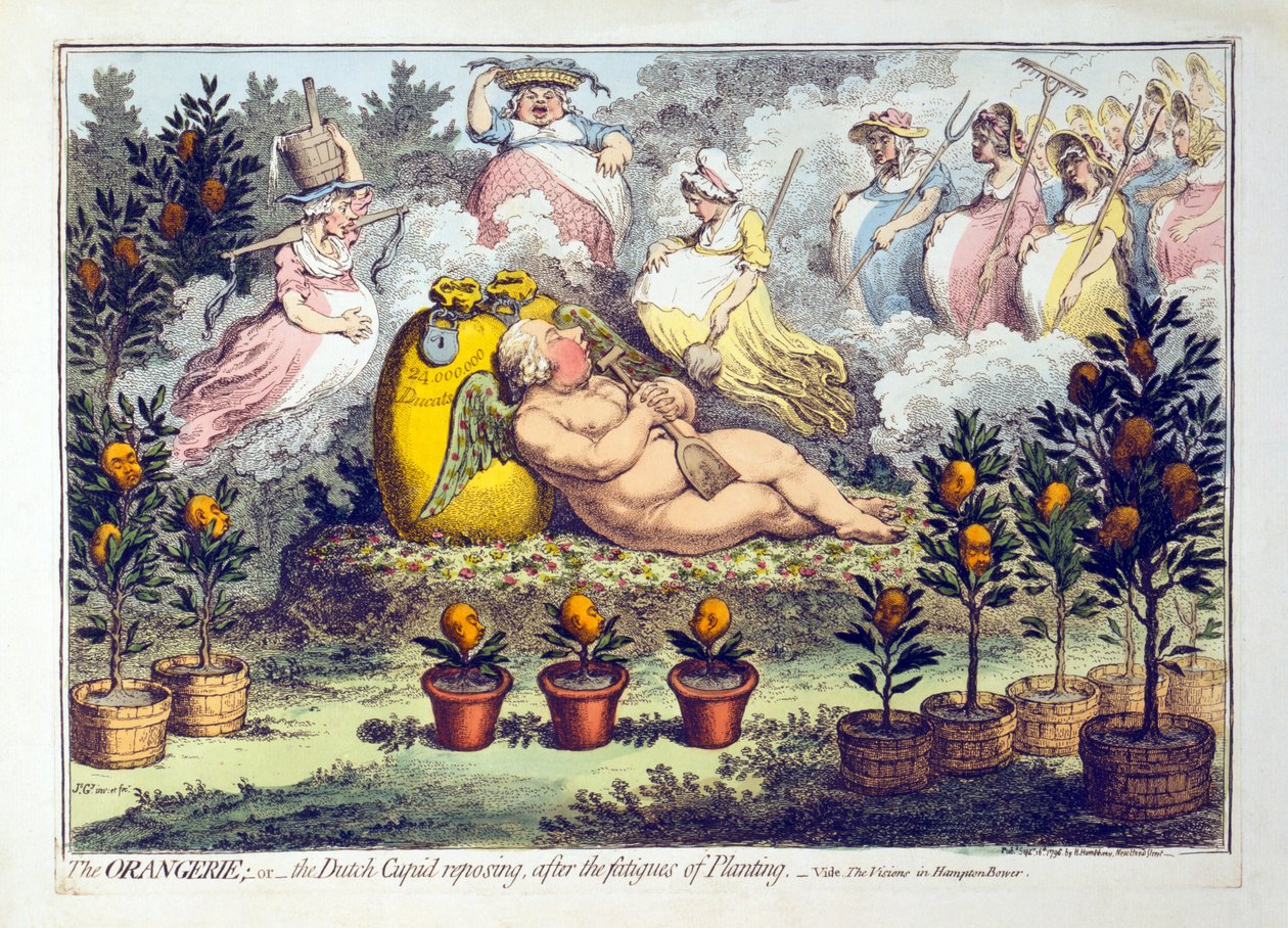 Orangerie - eller - Den nederlandske amor som hviler etter plantingens utmattelse, utgitt 1796 (håndfarget gravering) av James Gillray