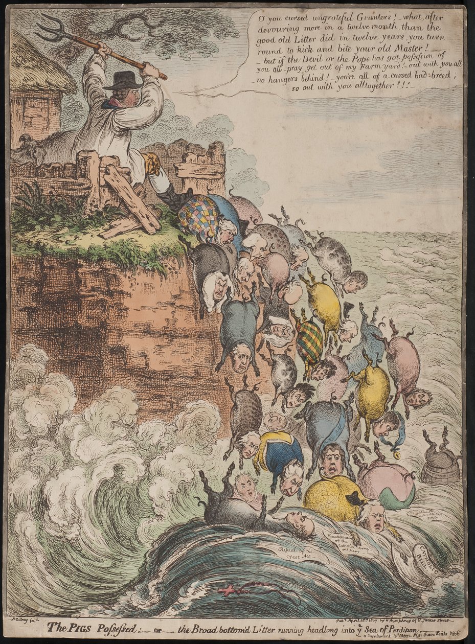 The Pigs Possessed, eller den bredbunnede søppel som løper hodestups inn i fortapelsens hav, 1807 av James Gillray