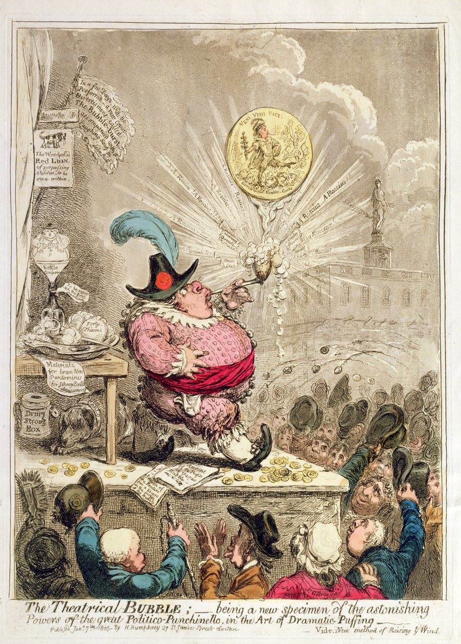 Theatrical Bubble: å være et nytt eksemplar av forbløffende krefter i den store Politico-Punchinello, in the Art of Dramatic-Puffing, utgitt av Hannah Humphrey i 1805 (håndfarget etsning und aquat av James Gillray