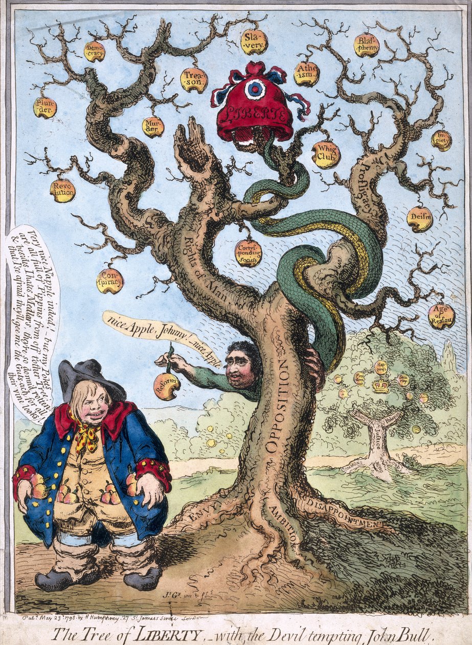 The Tree of Liberty with the Devil Tempting John Bull, pub. av Hannah Humphrey, 1798 av James Gillray