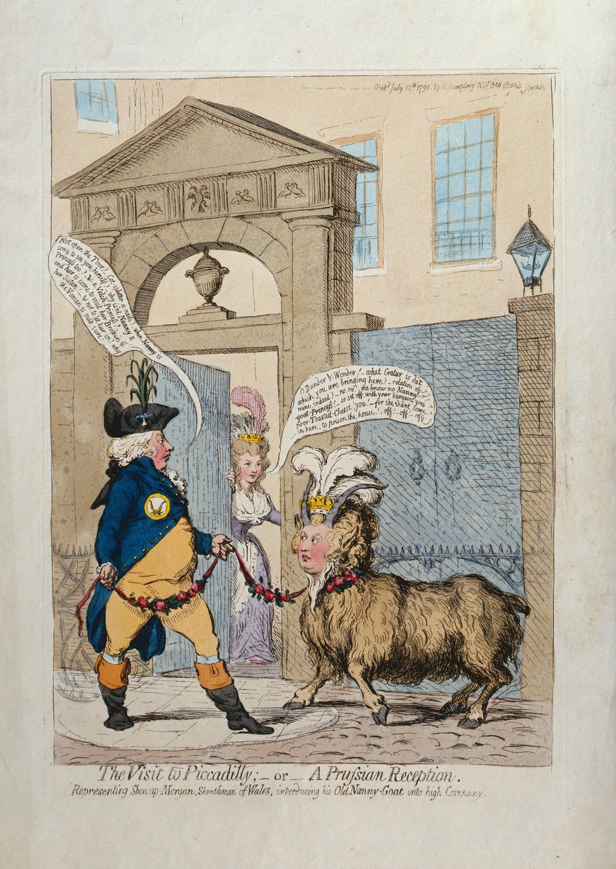 Besøket til Piccadilly, eller en prøyssisk mottakelse, utgitt av Hannah Humphrey i 1793 (håndfarget etsning) av James Gillray