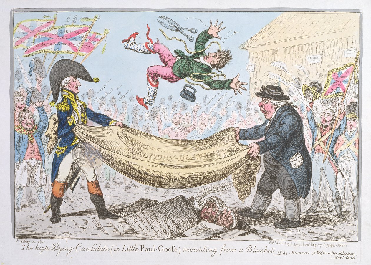 Den høytflygende kandidaten (dvs. Little Paul Goose) montert fra et teppe, utgitt av Hannah Humphrey i 1806 (håndfarget etsning) av James Gillray
