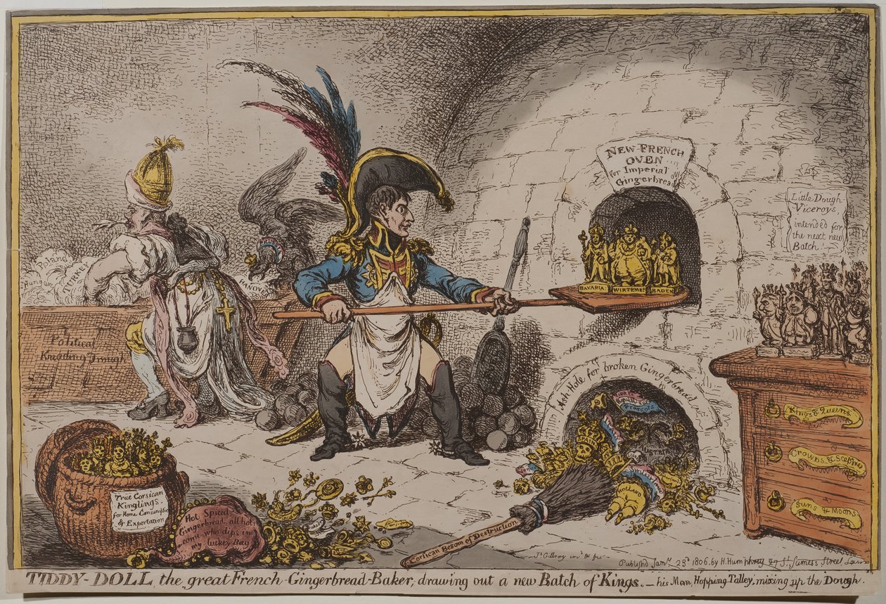 Tiddy-Doll, den store franske pepperkakebakeren, trekker frem en ny gruppe konger, 1806 av James Gillray
