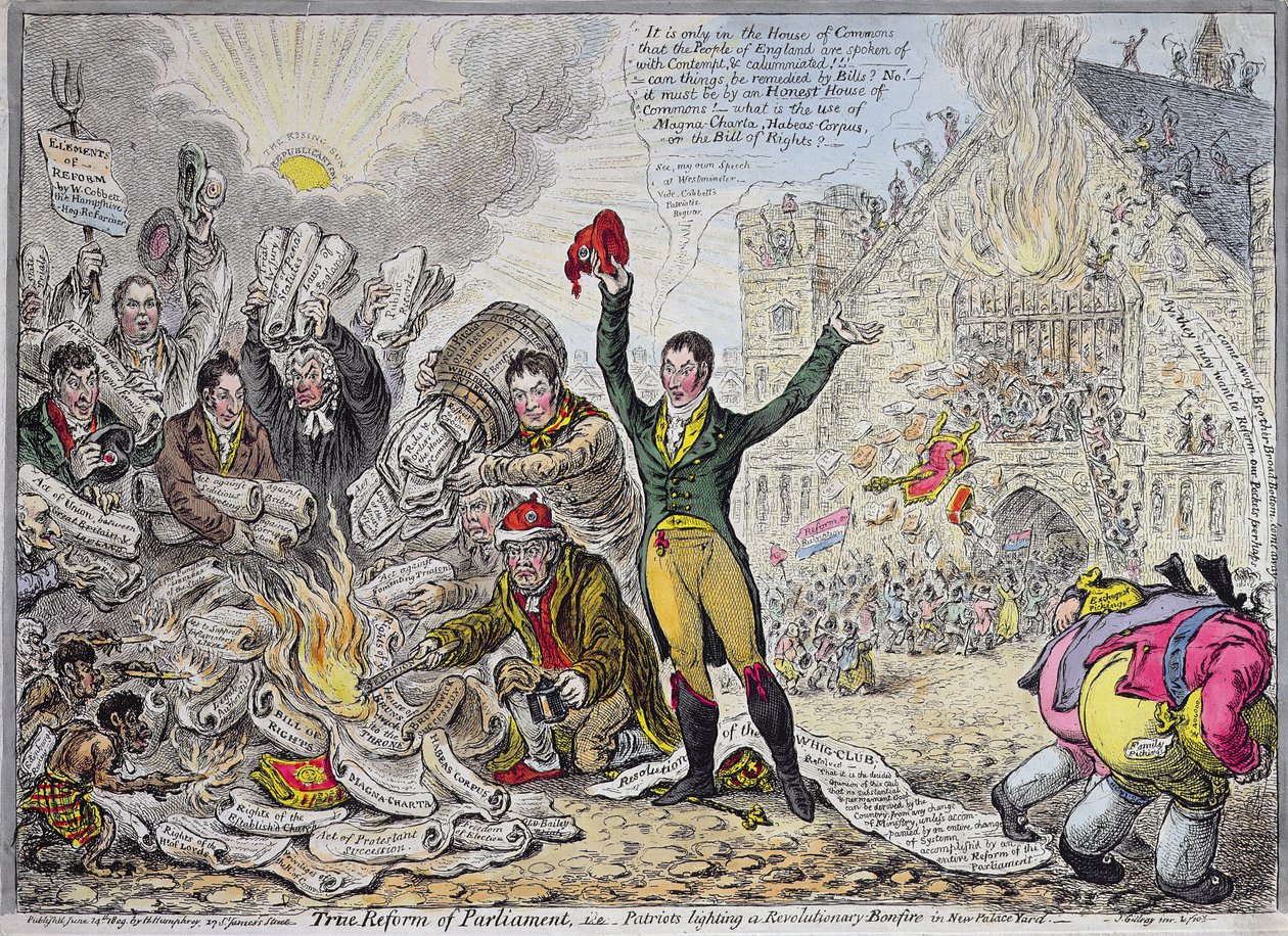 Sann reform av parlamentet, dvs. patrioter som tenner et revolusjonært bål i New Palace Yard, utgitt av Hannah Humphrey i 1809 (håndfarget etsning) av James Gillray