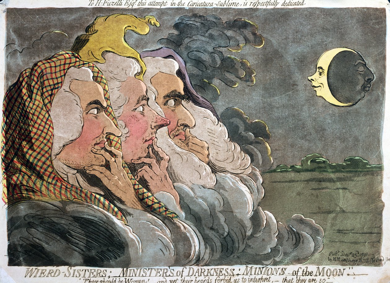 Rare søstre; Mørkets ministere; Minions of the Moon , utgitt av Hannah Humphrey, 1791 (radering med akvatint) av James Gillray