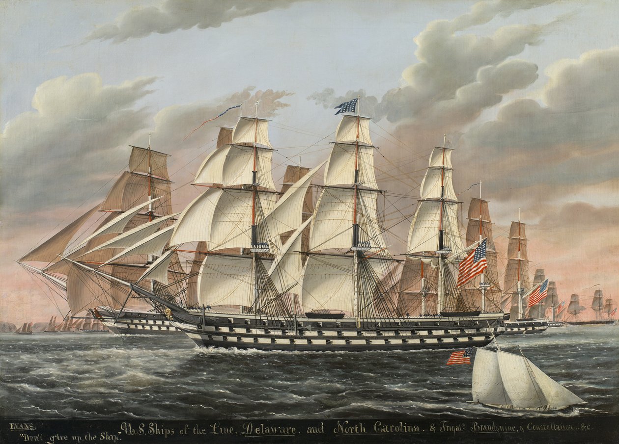 U.S. Ships-of-the-Line og fregatter Delaware og North Carolina, Brandywine og Constellation, 1848 av James Guy Evans