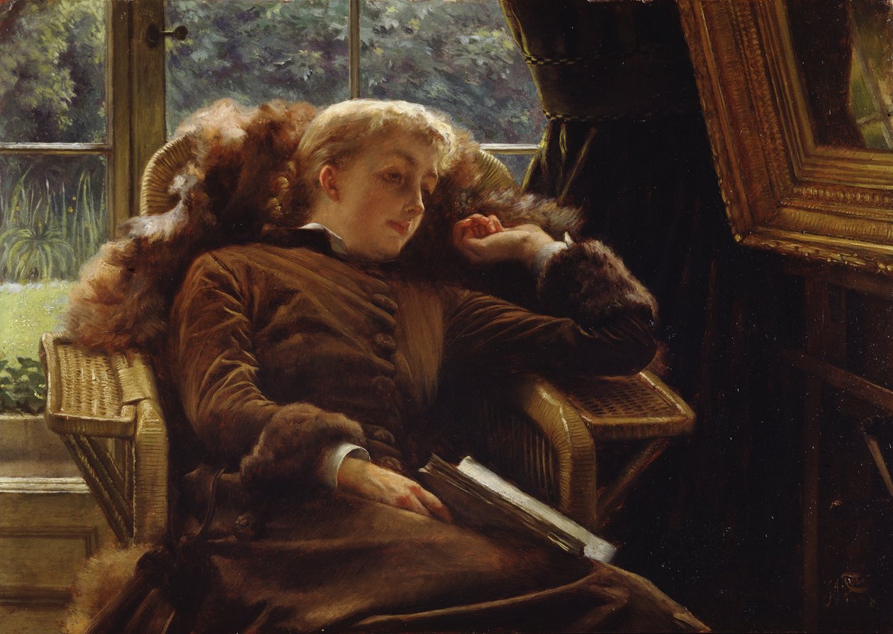 Reverie: Mrs. Newton tilbakelent i en stol av James Jacques Joseph Tissot
