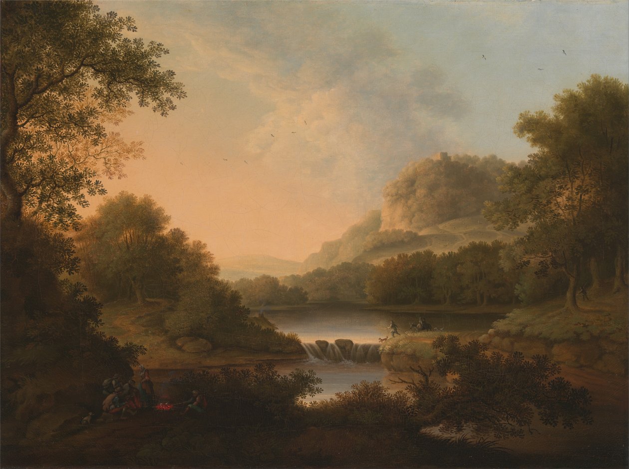Figurer med et esel og en hund som krysser en stue av James Lambert  of Lewes