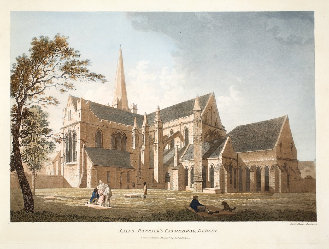 Saint Patrick's Cathedral, Dublin, 1793 (håndfarget gravering) av James Malton