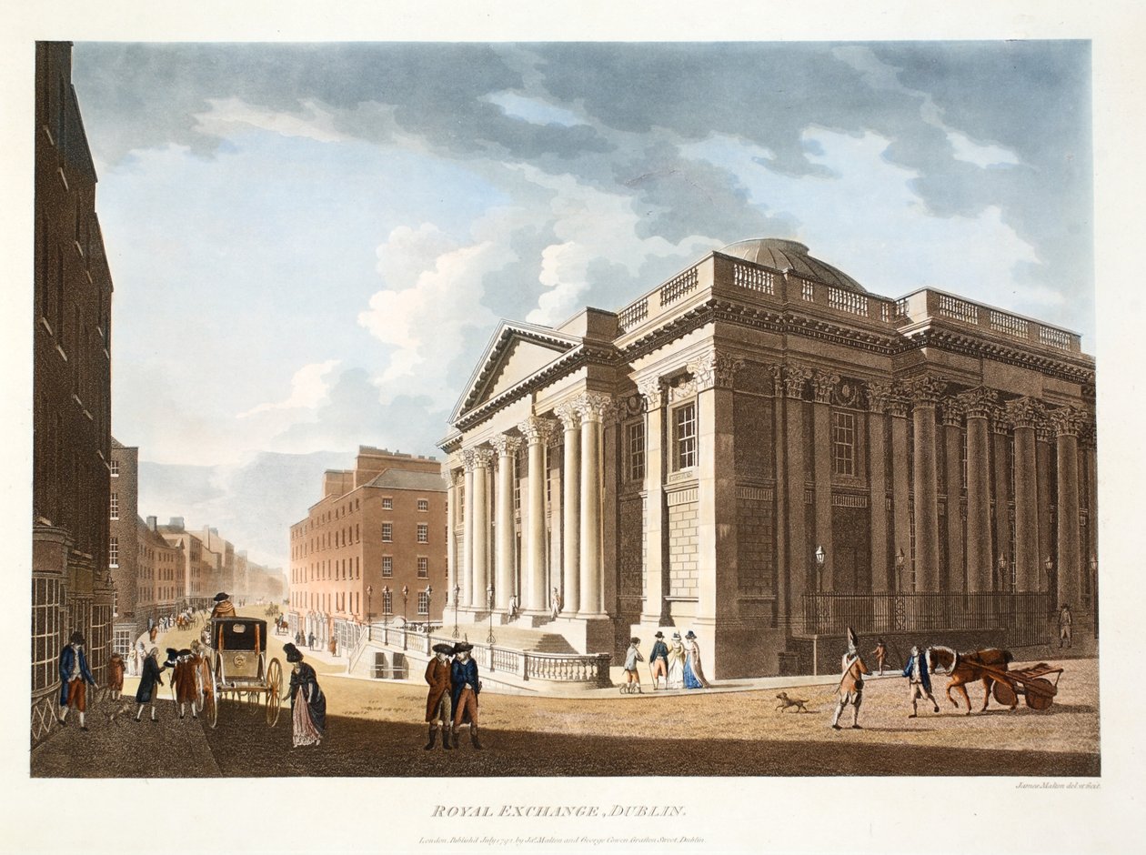 The Royal Exchange, Dublin, 1792 (håndfarget gravering) av James Malton