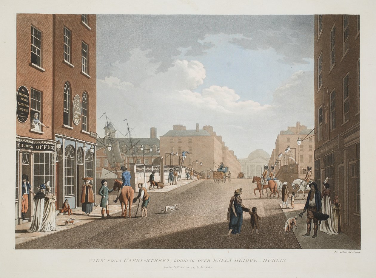 Utsikt fra Capel-Street, med utsikt over Essex-Bridge, Dublin, 1797 (håndfarget gravering) av James Malton