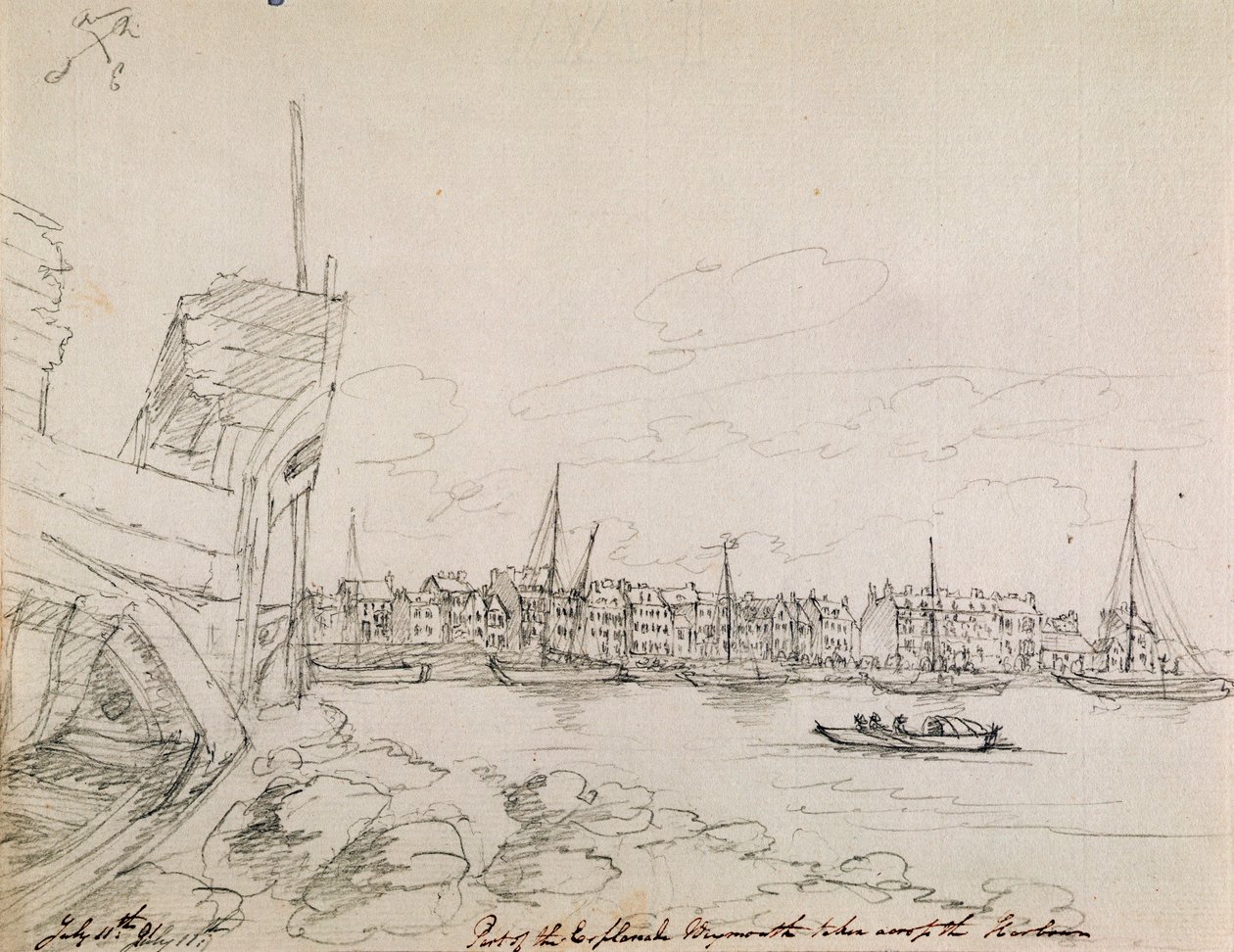 En del av Esplanade ved Plymouth tatt over havnen, 1791 (blekk på papir) av James Moore