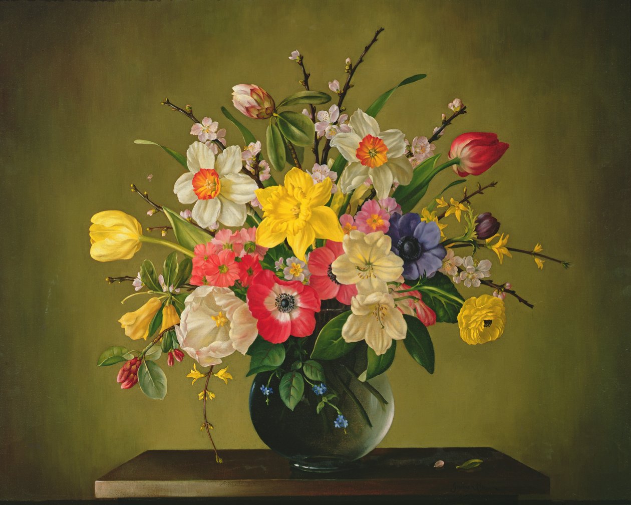 Narcissi, anemoner, tulipaner, forsythia, Rhododendron og epleblomst i en glassvase av James Noble