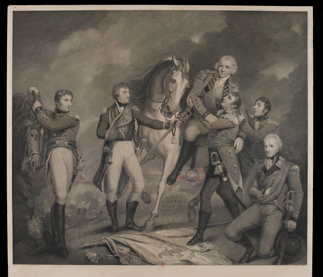 General Abercrombys død i slaget ved Alexandria, Egypt 1801, gravert med nøkkel av E. Mitchell, utgitt i 1801 av James Northcote