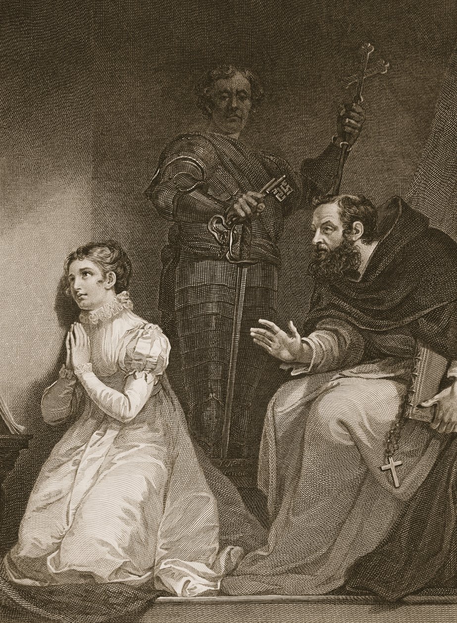 Feckenham etter ordre fra dronningen besøker Lady J. Gray i tårnet, gravert av W. Bromley, illustrasjon fra David Humes 