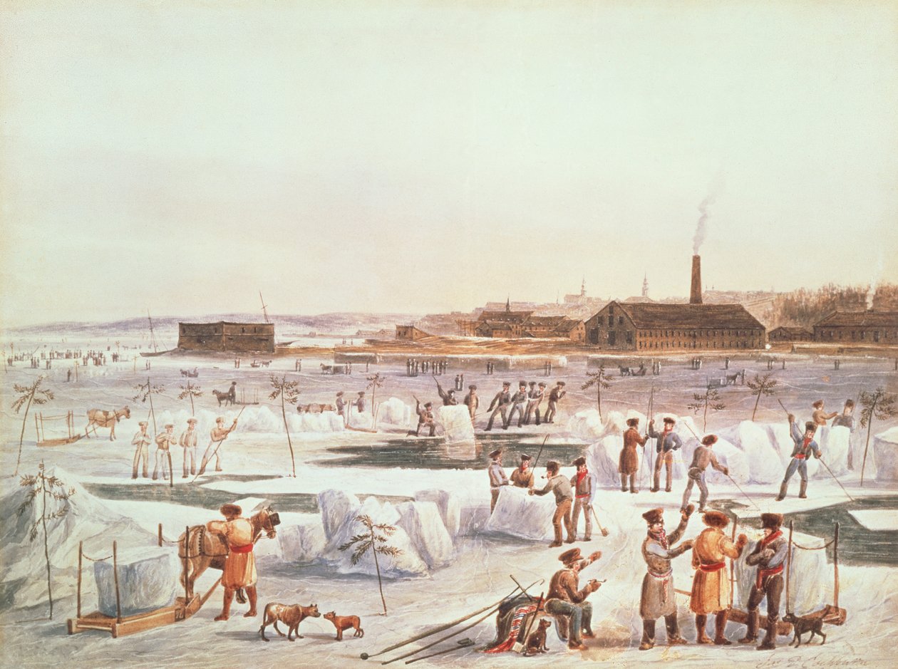 Skjæring av is om vinteren på St. Charles River av James Pattison Cockburn