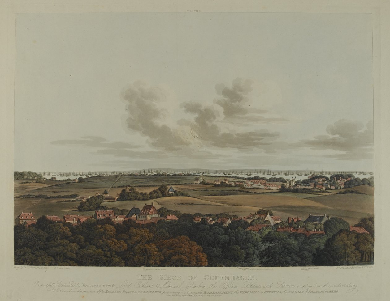 Danmark 1807: The Siege of Copenhagen, gravert av Robert Pollard (1792-1867) og Joseph Constantine Stadler (1780-1812) utgitt i 1807 (farget akvatint) av James Pattison Cockburn