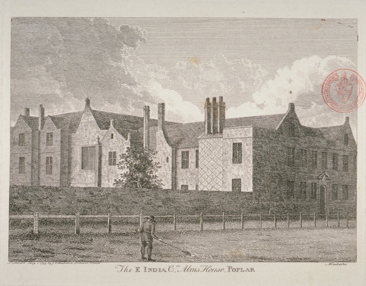 Utsikt over East India Company Almshouses i Poplar, 1799 av James Peller Malcolm