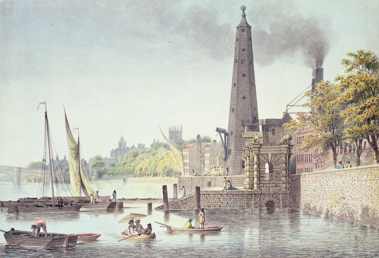 York Buildings, med utsikt mot Westminster, med utsikt over vanntårnet, 1797 (fargegravering) av James Peller Malcolm