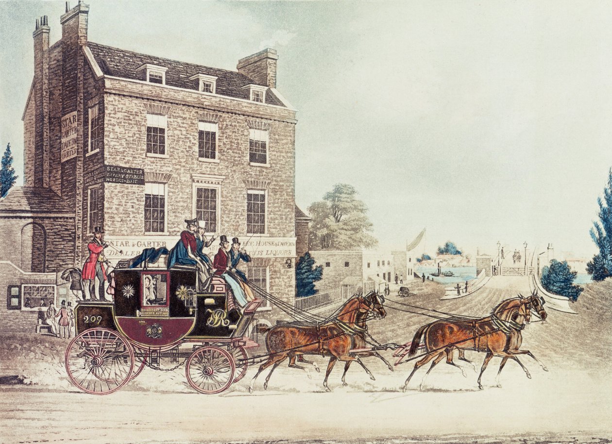 Quicksilver Royal Mail passerte stjernen og strømpebåndet ved Kew Bridge, 1835 av James Pollard