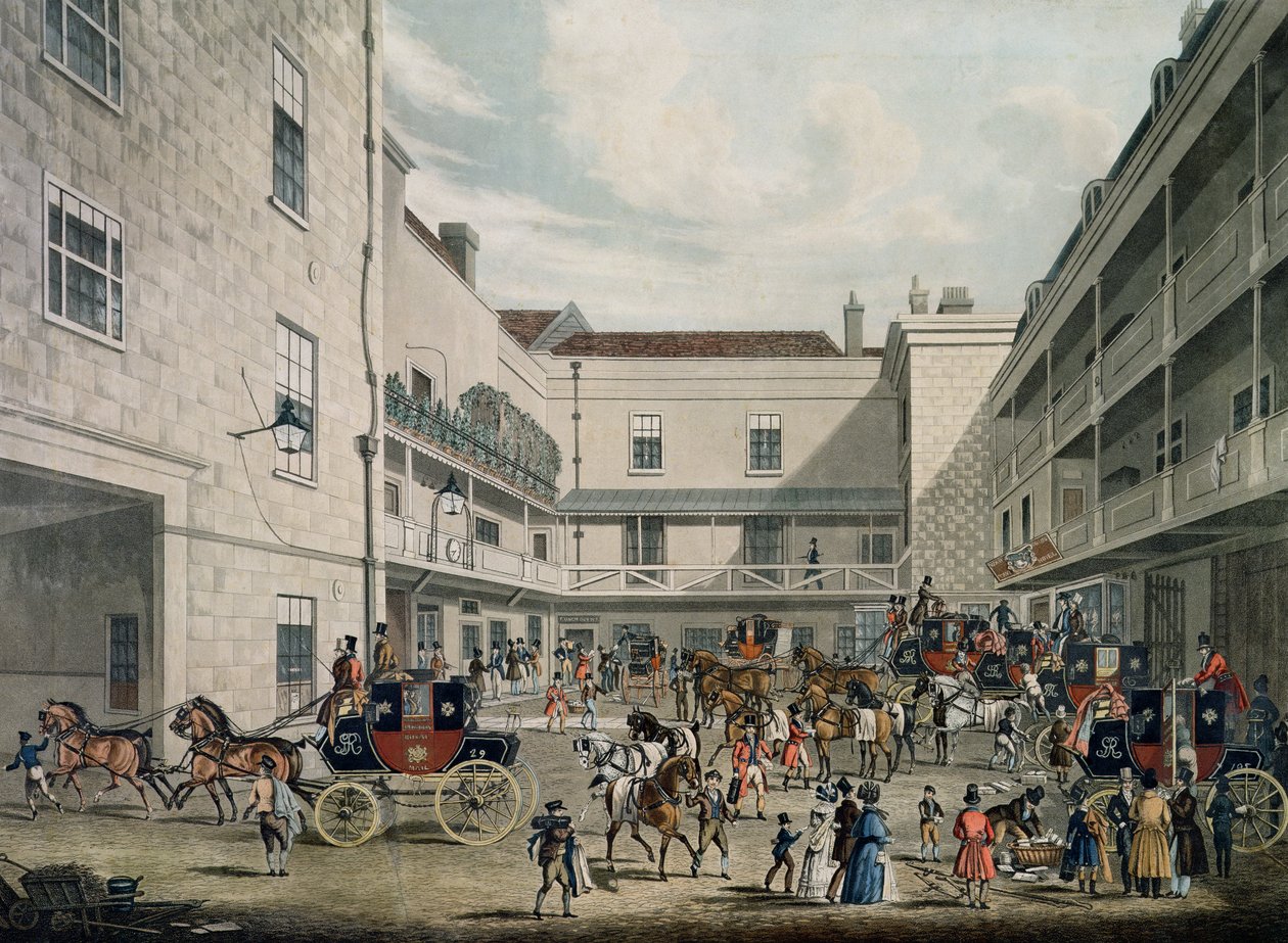 Royal Mail Coaches forlater The Swan with Two Necks Inn, Lad Lane, gravert av F. Rosenberg, 1831 av James Pollard