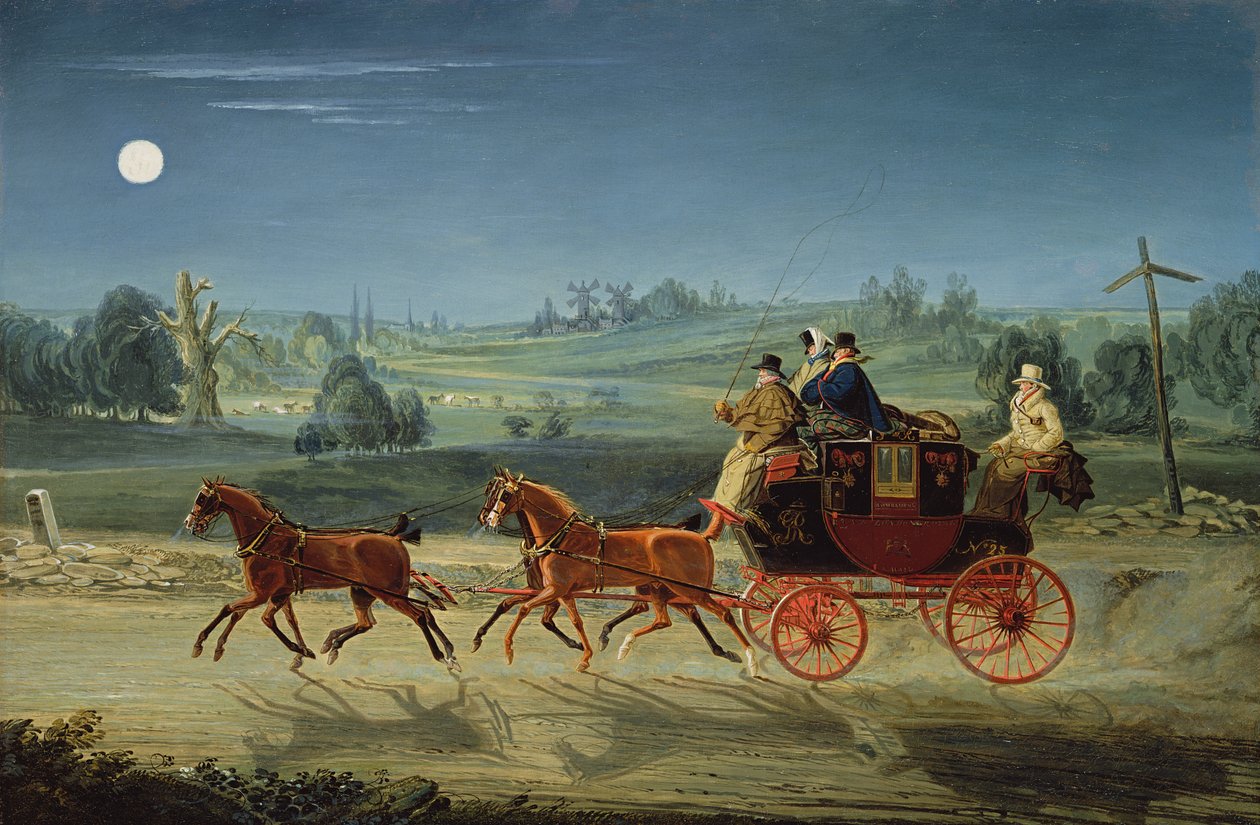 The Bath, Bristol og London Royal Mail Coach om natten av James Pollard