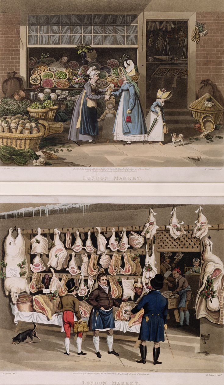 Kjøttboden og fruktboden fra London Markets, gravert av M. Dubourg, 1822 av James Pollard
