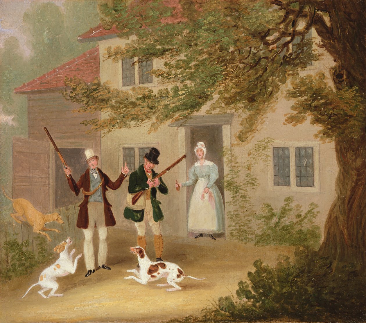 To idrettsutøvere med pekere på vei ut fra en hytte, ca. 1830 av James Pollard