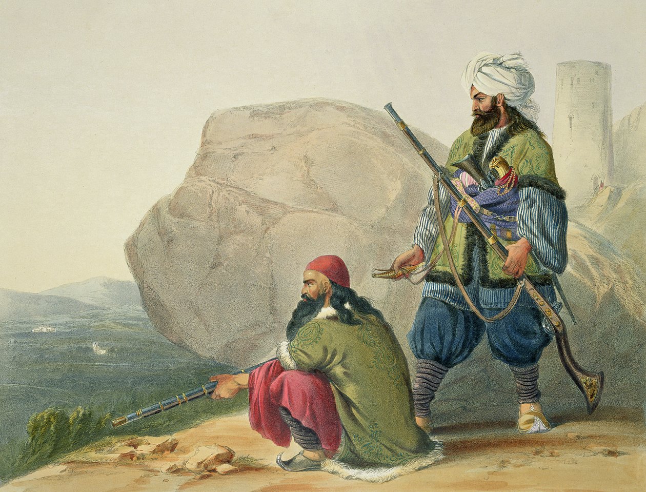 Afghaunske fotsoldater i sin vinterkjole, med inngang til Urgundeh-dalen, plate 11 fra 