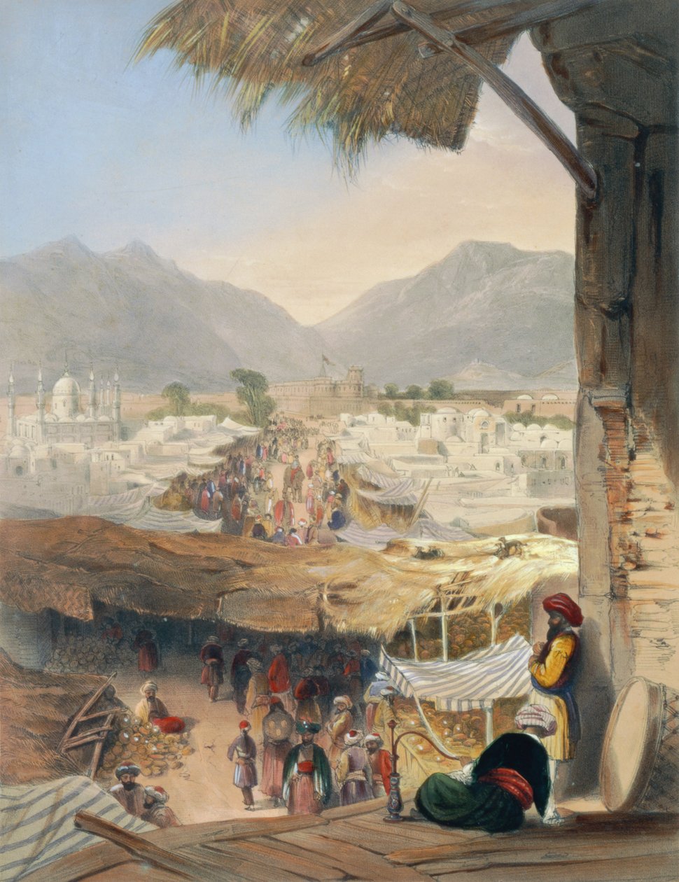 Byen Kandahar, dens hovedbasar og citadell, hentet fra Nakarra Khauneh, eller Royal Band Room, plate 28 fra 