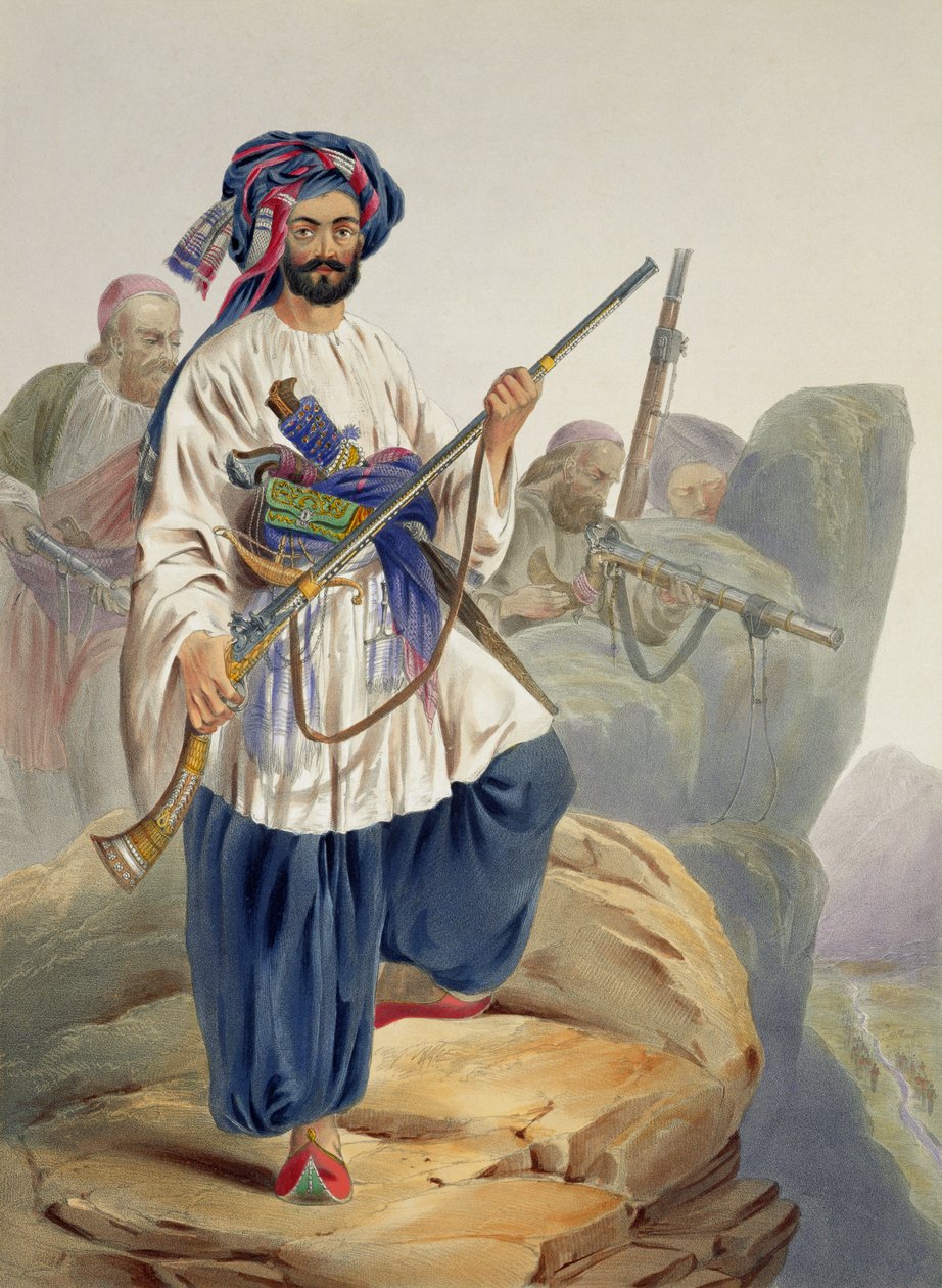 Ko-i-Staun Foot Soldiery in Summer Costume, Actively Employed among the Rocks, plate 12 fra 