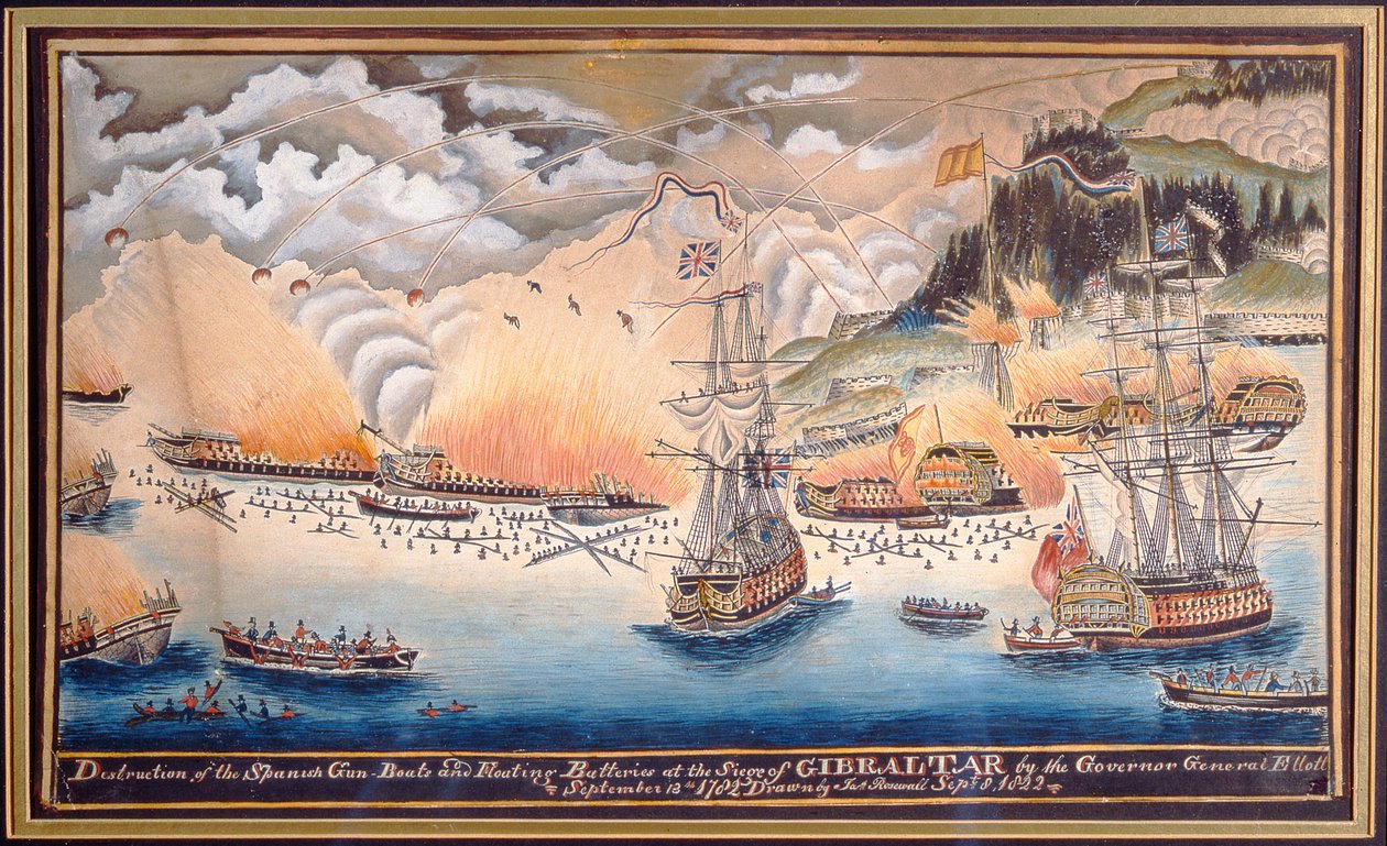 Ødeleggelsen av de spanske våpenbåtene og flytende batteriene ved beleiringen av Gibraltar av generalguvernøren Eliott, 13. september 1782, 1822 (penn og wc) av James Rosewall