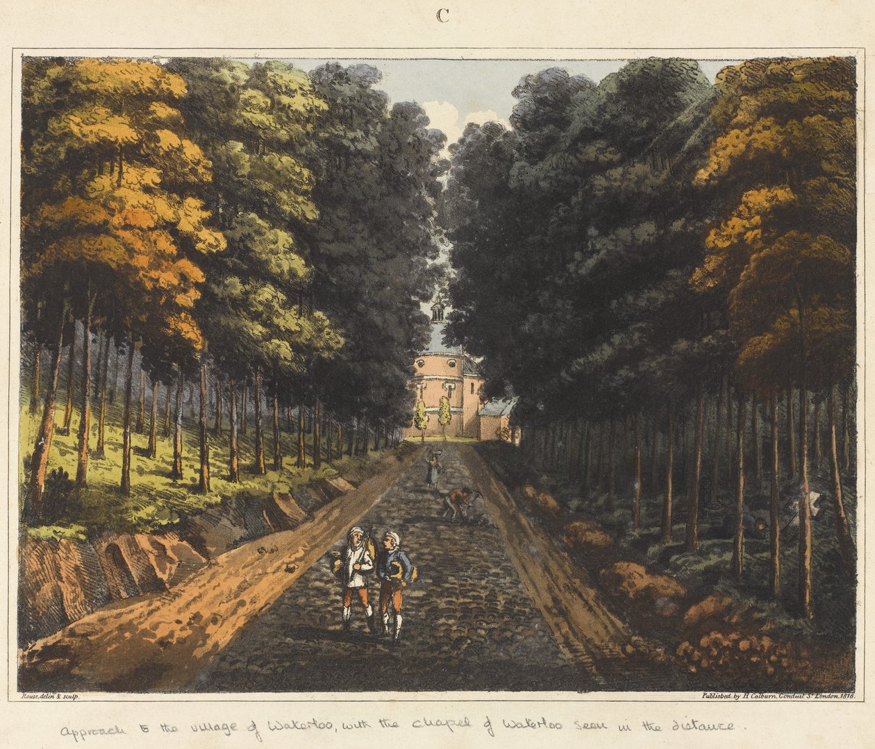 Tilnærming til landsbyen Waterloo, med kapellet i Waterloo sett i det fjerne, fra "An Historical Account of the Battle of Waterloo", 1817 (farget akvatint) av James Rouse